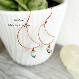 Upcycled Hammered Copper Crescent Moon Dangle Earrings, Gemstone Agate 2.5"